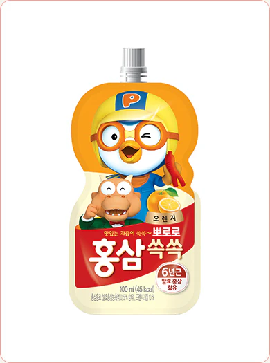 Paldo Pororo Pouch Red Ginseng Orange 3.38fl.oz x 10, 팔도 뽀로로 홍삼 쏙쏙 오렌지 100ml x 10 - Image 2